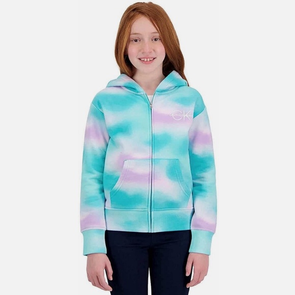 Calvin Klein Jeans Hoodie Girls S small 7/8 Full Zip Tie Dye Green Pink Teen - Picture 3 of 3